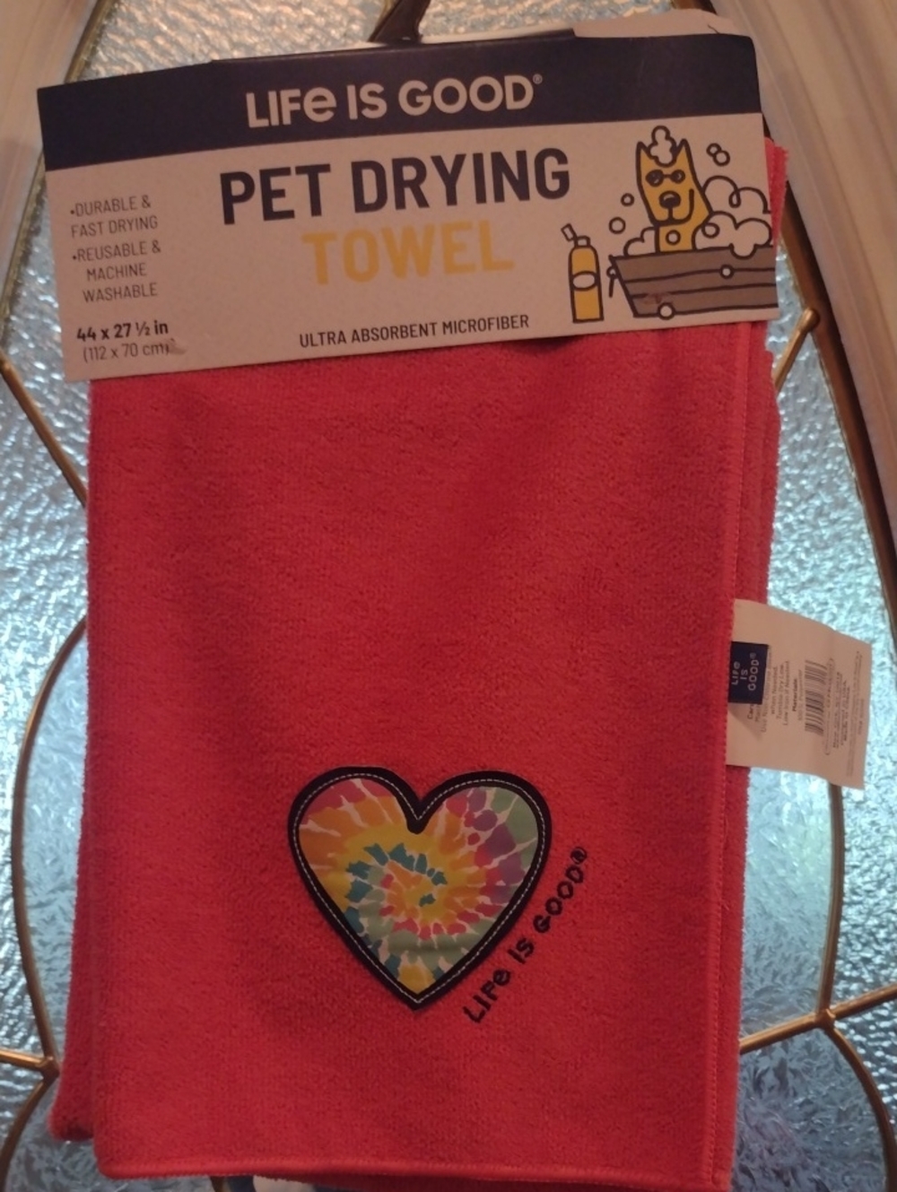 Life Is Good Coral Pet Drying Towel with Tie-Dye Heart